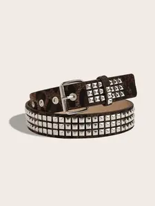 Men Women Punk Style Leopard Print Rivet Belt, Adjustable Fit Sandblasted Waistband, Streetwear Versatile Fashion Accessory, Studded Belt