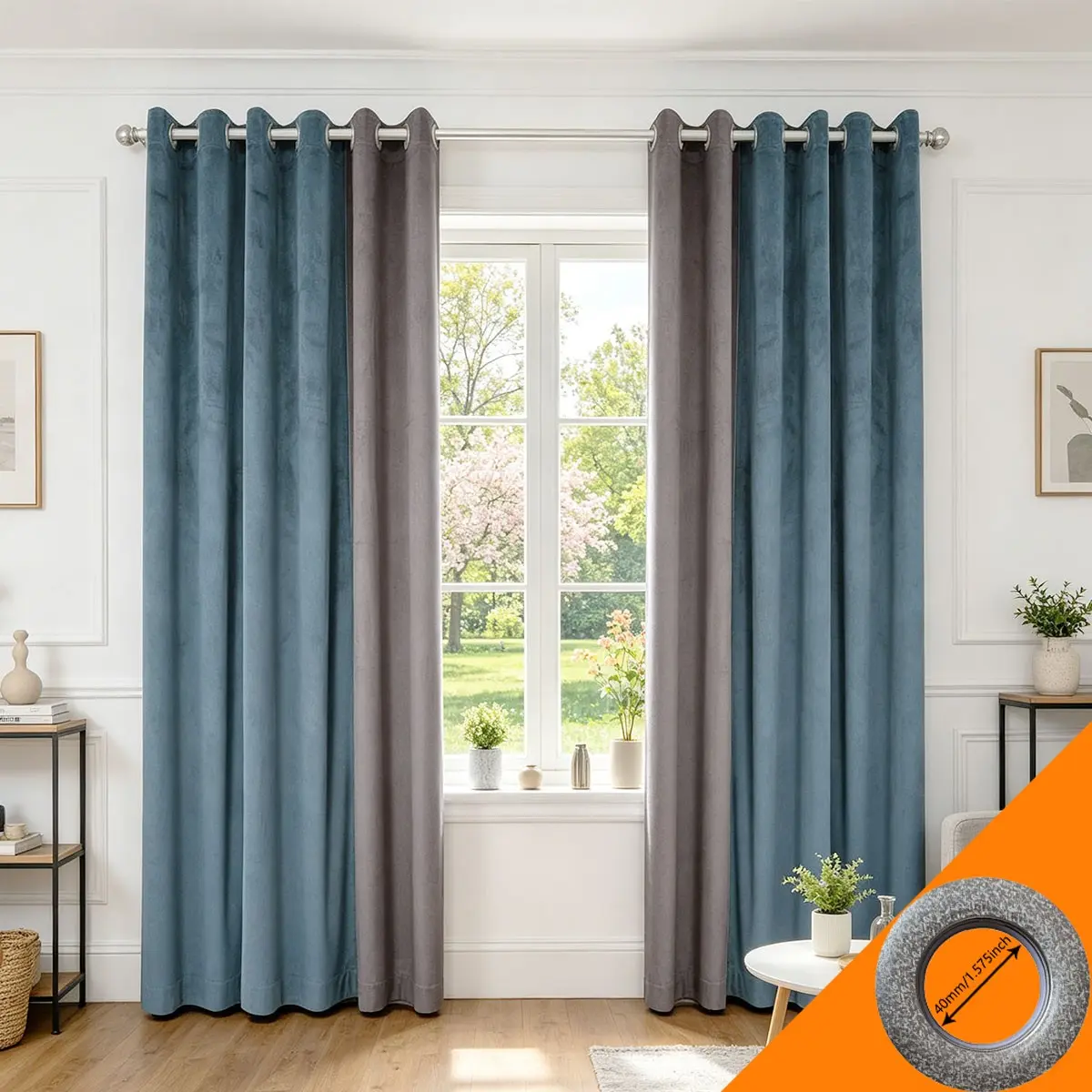 2pcs Nordic Style Blue Dual Color Blockout Curtains, Living Room Floor-To-Ceiling Full Light Blocking, Perforated Soundproof Curtains