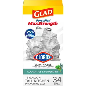 ForceFlex MaxStrength with Clorox Trash Bags, 13 Gal, Eucalyptus and Peppermint, 34 Ct