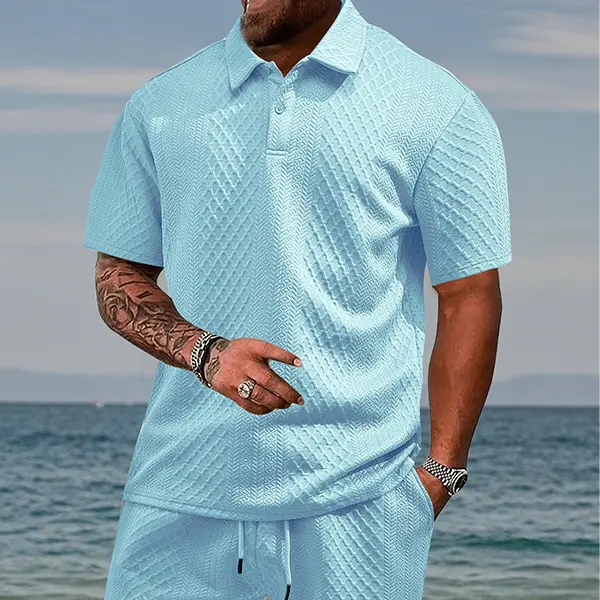Men Jacquard Plaid Polo Short Sleeve Set Summer Lightweight Collared Casual Sports Outfit 2 Piece Matching Tracksuit