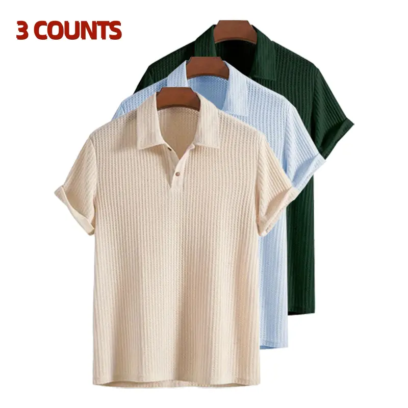 Men’s 3-Piece Plain Short-Sleeve Solid Jacquard Knit Polo Shirt Set, Regular Fit Casual Front-Button Summer Tops, Soft Comfortable Skin-Friendly Fabric, Stylish Everyday Menswear