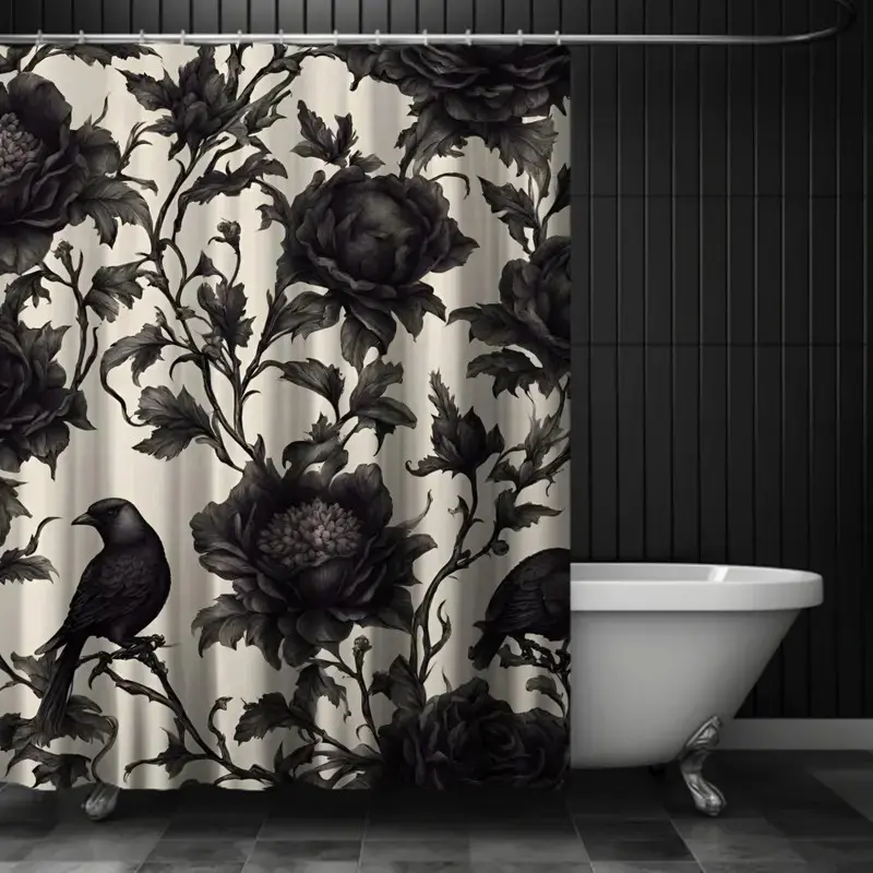 Crows Floral Shower Curtain, Perfect for Bathroom Decor, Decorative Shower Curtain, Floral Shower Curtains For Bathroom, Easy to Clean, Multiple Sizes Available, Includes Shower Curtain Hooks, Shower Curtain Set