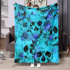 Skull & Flower Pattern Blanket, Soft Warm Throw Blanket, Cool Bedroom Bedding Blankets, Warm Nap Blanket for Home Office Travel, Floral Blanket, Decorative Giftable Blankets