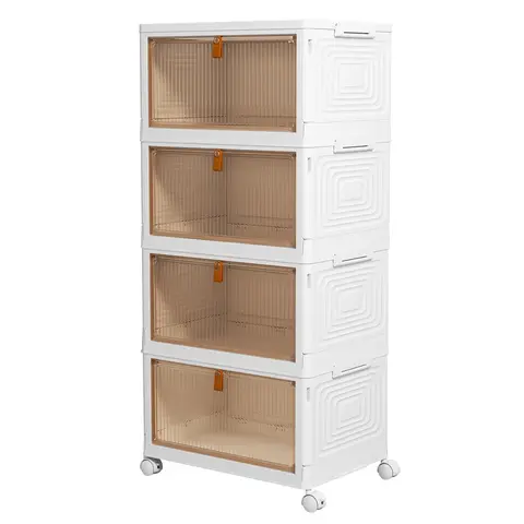 7CODE 4-Tier Adjustable Plastic Stackable Storage Bins with Lids & Wheels - Collapsible Home Organizer for Small Room Organization Products, Kitchen Pantry, Clothing Organization