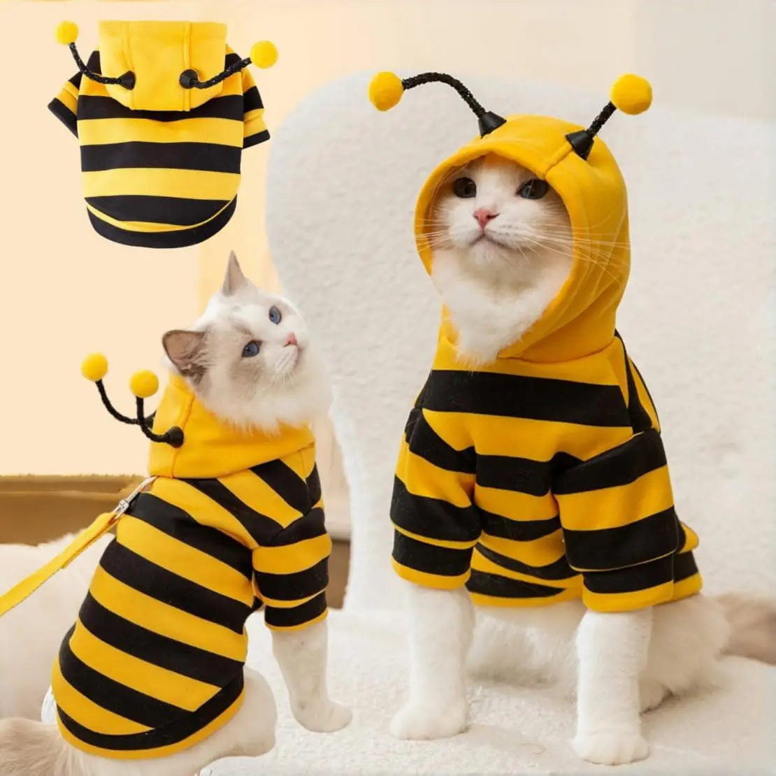 Striped Hooded Pet Costume Hoodie with Bendable Horns & Bee Antennae, Composite Milk Silk-Cotton Fabric, Leash Hook, for Small Yellow-Black Dogs & Kittens, Ideal for Outings