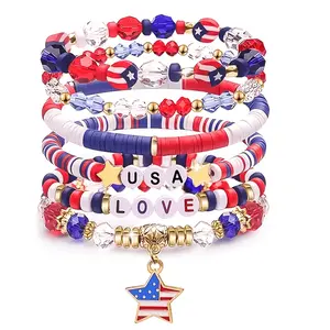 4th of July Accessories for Women Men Teens Red White Blue Clay Beaded Stackable Stretch Bracelets USA Patriotic Jewelry Fourth of July Gifts