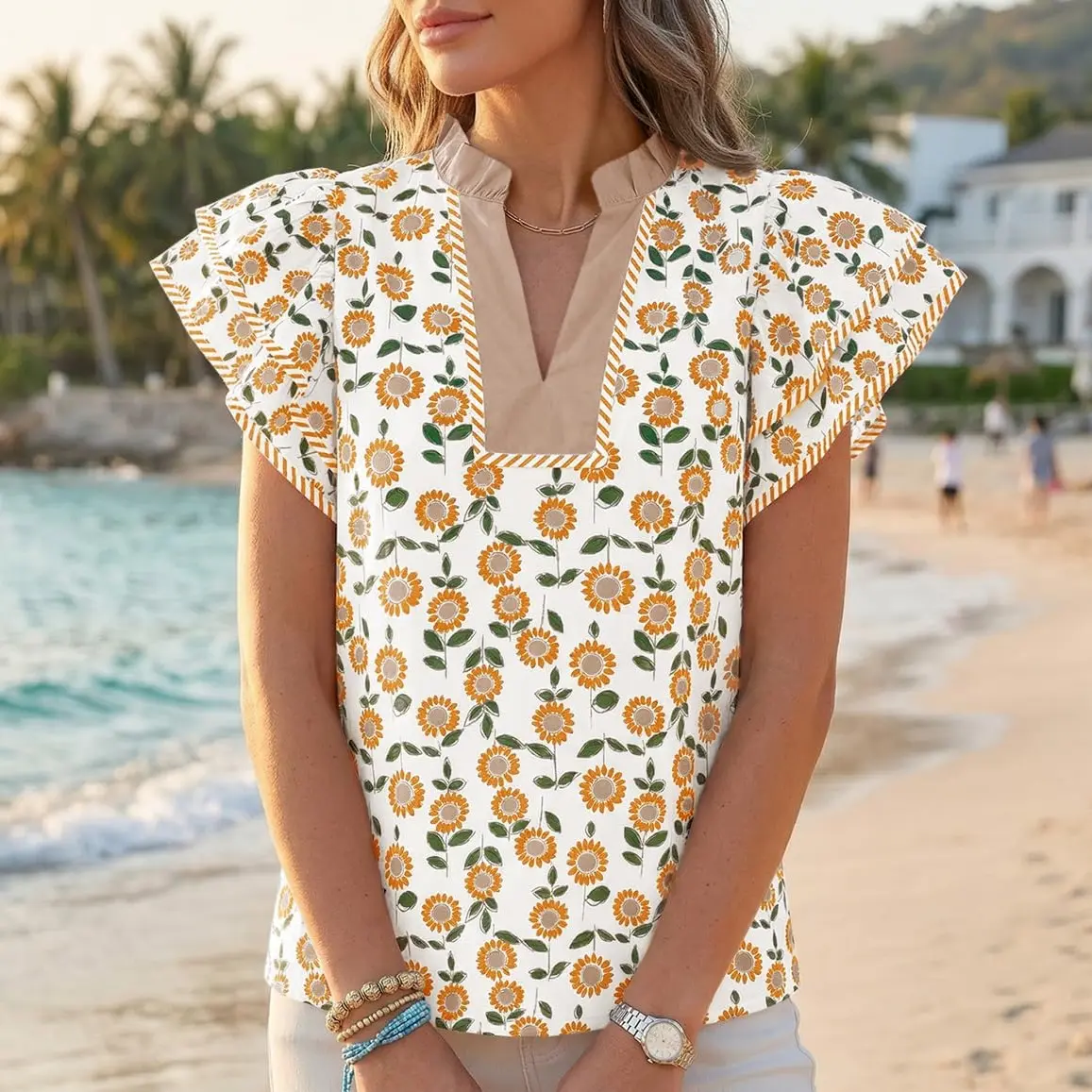 TANKANEO Women's Floral Print V-Neck Flutter Short-Sleeve Loose-Fit Blouse, Boho Bohemian Trendy Blouse, Women's Fashion Blousy V-Neck Floral Neckline T-Shirts, Summer Casual Tops, Boho Bohemian Blouse