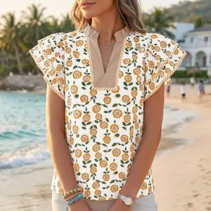 TANKANEO Women's Floral V Neck Flutter Sleeve Blouse Shirts Loose Fit Summer Casual Top for Everyday Wear - Womenswear