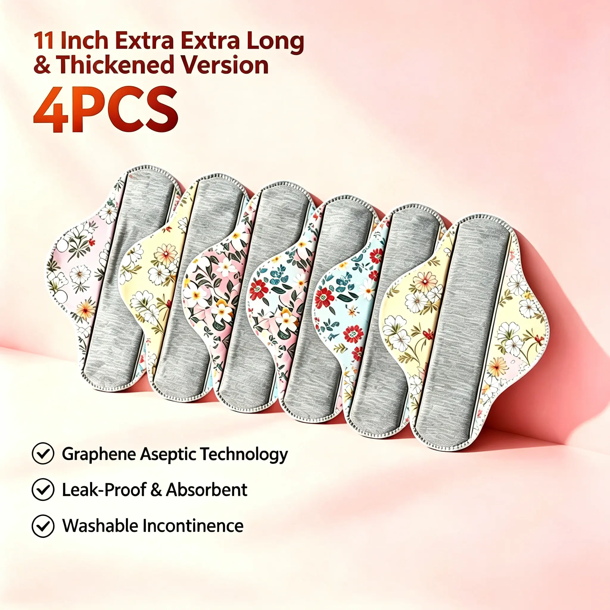 Extra Long 11 Inch Thickened Graphene Washable Incontinence Pads 8PCS, Waterproof Antibacterial Absorbent Reusable Underpads, Breathable Odor Control Skin Safe Care Liners for Postpartum, Elderly & Bedridden Sensitive Skin