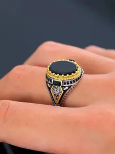 Men's Vintage Dual-Color Ring, Agate Jewelry Accessory, European & American Style, Export Quality, Handmade Fashion Statement, Versatile Accessory, Vintage Appeal, Vintage Spoon Ring