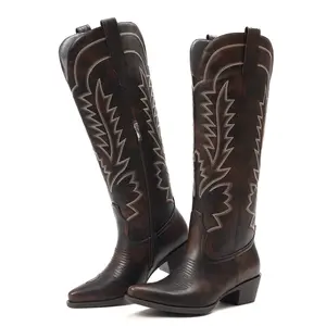 CYNLLIO Womens Embroidered Cowboy Knee High Boots Pointed Toe Chunky Block Heel Pull On Half Side Zipper Comfy Fashionable Concert Party Outing Holiday Dress Spring Summer Western Cowgirl Boot
