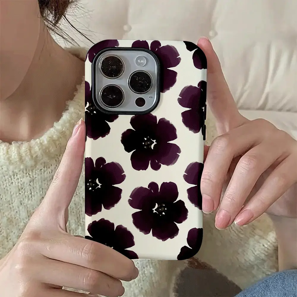 Retro Black & Purple Floral 2-in-1 Smartphone Casing - Durable, Shock-Absorbing Glossy Phone Cover, Mobile Phone Accessories for iPhone 17/16/15/14/13/12/11/X & Samsung Series, Holiday Gift Option for Friends/Family, Protection