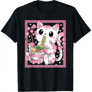 100% cotton Pink Kawaii Cat Ramen Noodles Anime Japanese Cherry Blossom T-Shirt