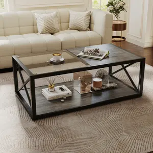 [Fahuac] Coffee Table with Half Glass Half Wood Top - 39.4x22.8x15in, 220LB Capacity, X-Frame., Glass Coffee Tables, Mid-Size Coffee Tables