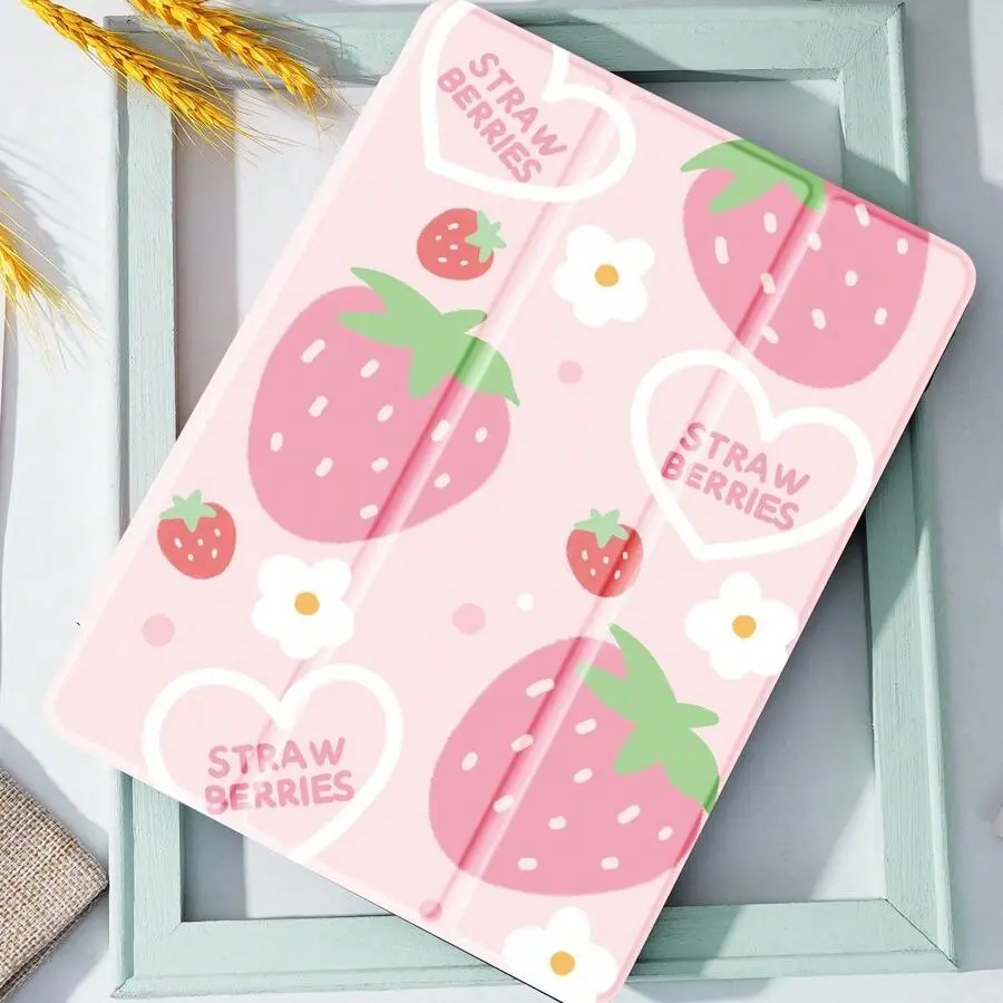 Strawberry Pattern Tablet Case with Pen Holder, Auto Sleep/Wake Tablet Protective Cover, Tablet Accessories Compatible with iPad