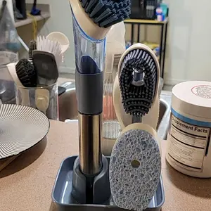 Kitchen Dish Brush with Soap Dispenser Set - 4 Replaceable Cleaning Heads Ergonomic Handle Scrub Brush for Dishes Pans Sink Household Cleaning Tools