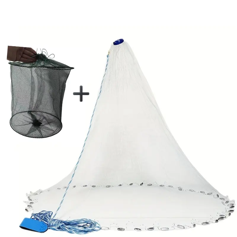 American style seawater freshwater fishing net hand thrown net - Comes with fish protection, bait, shrimp cage, fish cage - Equipped with heavy-duty sinker - Excellent outdoor fishing tool - Fishing set - Easter/Christmas/Father's Day gift