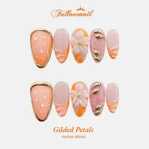 Fullovenail Medium Almond 10 PCS Gilded Petals Handmade Press on Nail REUSABLE 3D Gel Fake Nails Acylic Press on Nail/Christmas Autumn Fall Winter Peret 2025