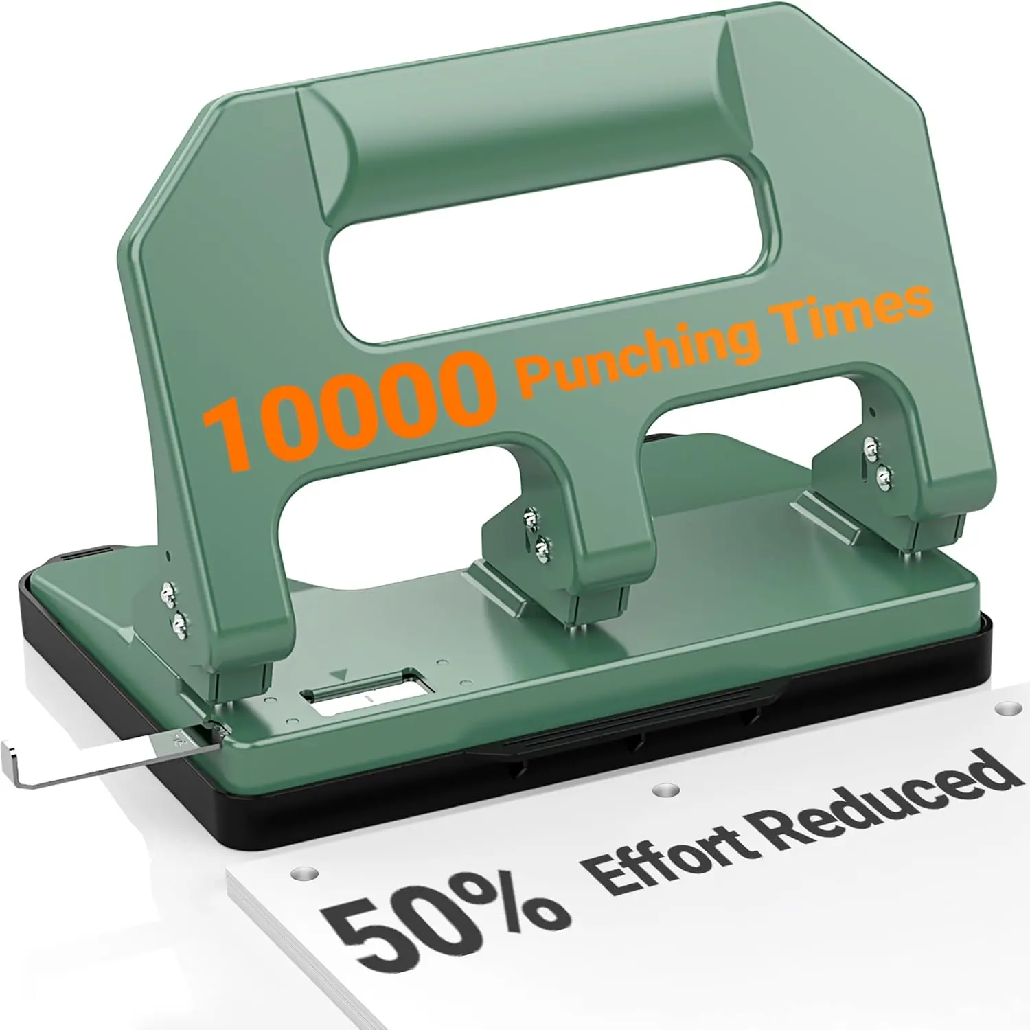 3 Hole Punch Heavy Duty,  3 Hole Puncher for Binder, 10000+ Punching Times, 40-Sheet Three Hole Punch, Metal Hole Puncher 3 Ring, 50% Reduced Effort, Bulit-in S.S. Paper Guide, Green