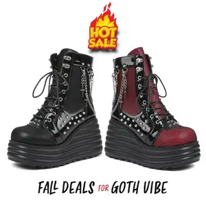 VIMISAOI Platform Ankle Boots For Women Goth Motorcycle Round Toe Thick High Heels Lace Up Chains Punk Spiky Studs Gothic Summer Boots Jennifers Body Winter Boots