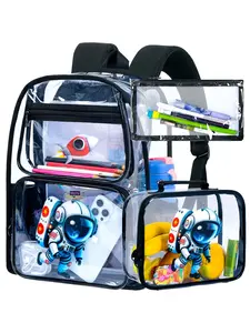 3PCS Boys Clear Backpack, Kids Transparent Bookbag Heavy Duty, Black Astronaut See Through School Bag for Elementary Preschool