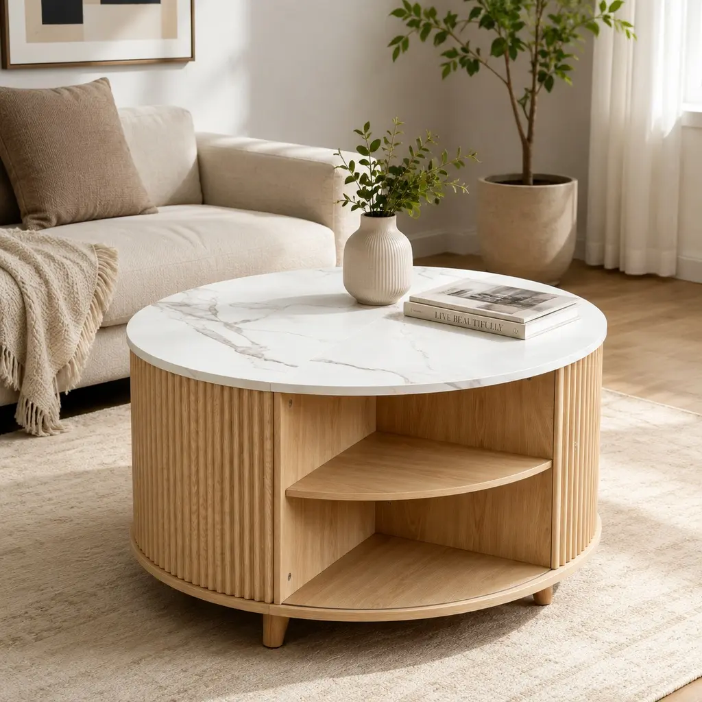 Round Coffee Table with Storage, 31.5" White Marble and Light Oak Fluted Sliding Shutter Cabinet, Mid-Century Modern Living Room Center Table with Hidden Flip-Top Compartment, MDF Wood, Light Oak/White Marble Color Options, MDF Material