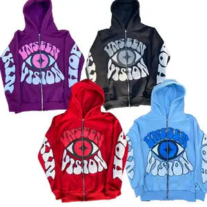 Purple/Black/Red/Light Blue Eye Print Hoodies - Oversized Zip-Up Style, Bold Motifs, Ideal for Trendy Layering, Hip-Hop Ensembles & Art-Inspired Daily Wea