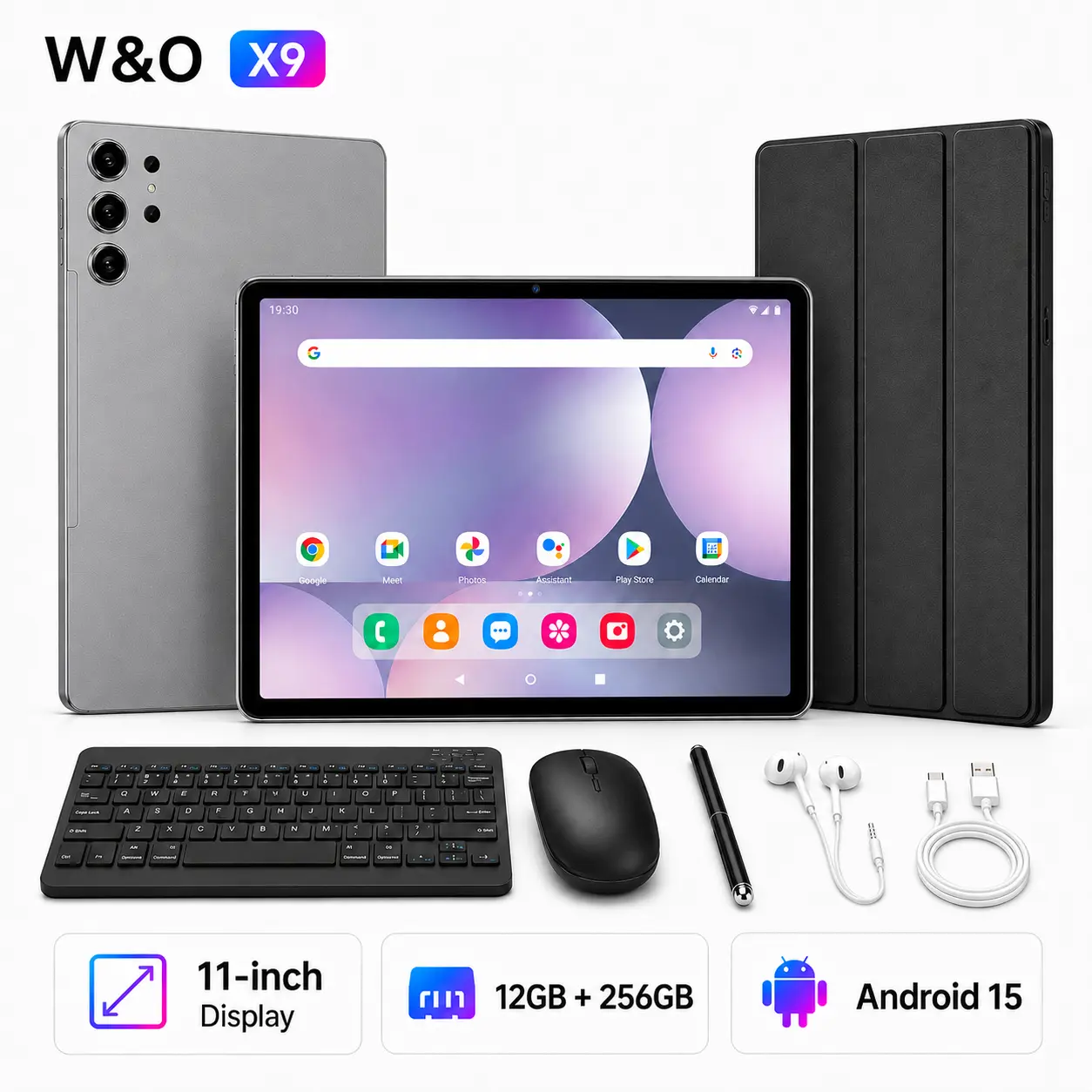 W&O X9U 11" Android 15 Tablet Bundle,  10000mAh Battery, GPS, 5G Network, Keyboard Case, Wireless Mouse, Stylus, Earphones, Screen Protector & Type-C Cable, Portable Tablet for Work and Study