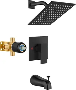 Shower Faucet Set with Tub Spout Bathtub Faucet Kit Complete Tub Shower Trim Kit with Solid Brass Rough-in Valve and 8 Inch Square Rainfall Showerhead Bent Shower Arm Matte Black