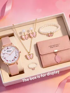 7 Piece Floral Butterfly with Pearl Accessories and Leaf Pendant Wallet, Fashion Watch Set, Elegant Gift for Women on Valentine's Day and Mother's Day