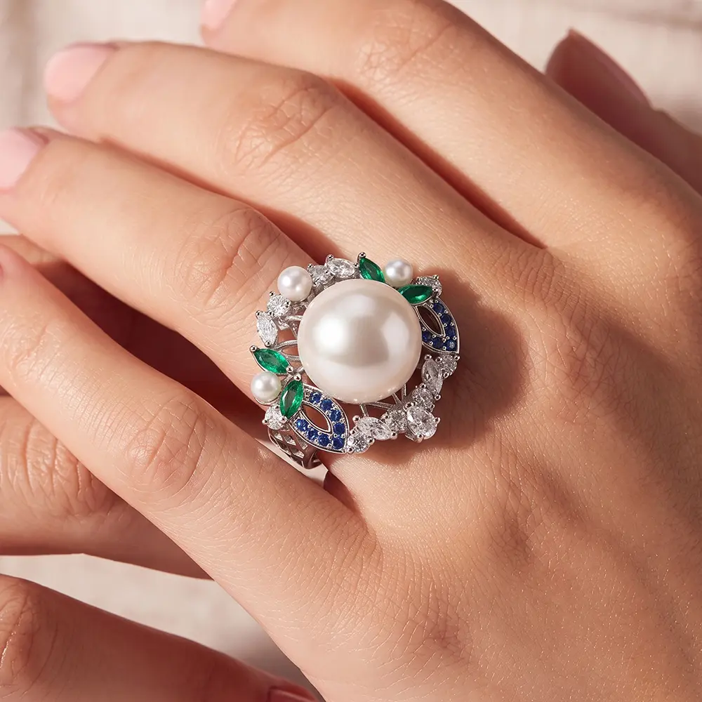 Elegant Statement Engagement Ring for Women, Adjustable Gold-Plated Zinc Alloy Wide Band with Faux Pearl and Rhinestone Accents, Valentine Gift, Stackable Rings, Sexy, Anniversary Ring luxury jewelry high quality copper marquise cut oval radiant