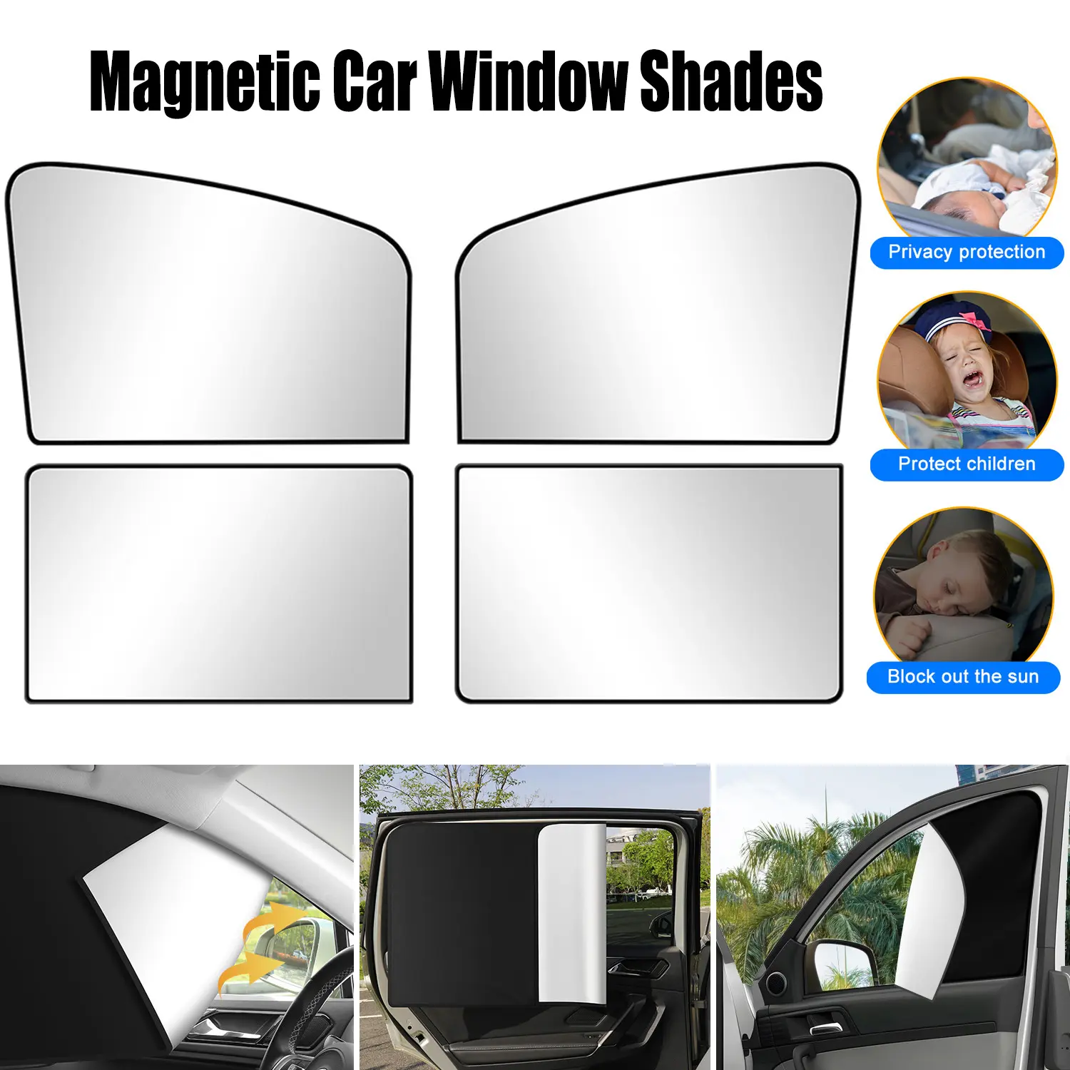 4 Pack Magnetic Car Window Sun Shades,Titanium Silver Surface Foldable UV Heat Block Full Blackout Privacy Sun Curtain for Most Vehicles