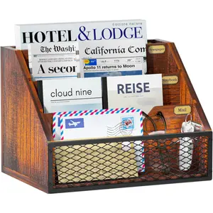 Mail Organizer Countertop Wooden Mail Holder 4 Slot Letter Holder for Desktop Vintage Desk Organizer for Mail Bill Brown