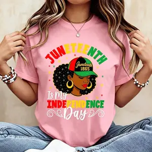 Juneteenth Independence Day Black Woman With Afro And Cap 1865 Print Cotton T Shirt White Crew Neck Casual Wear For Leisure And Sports