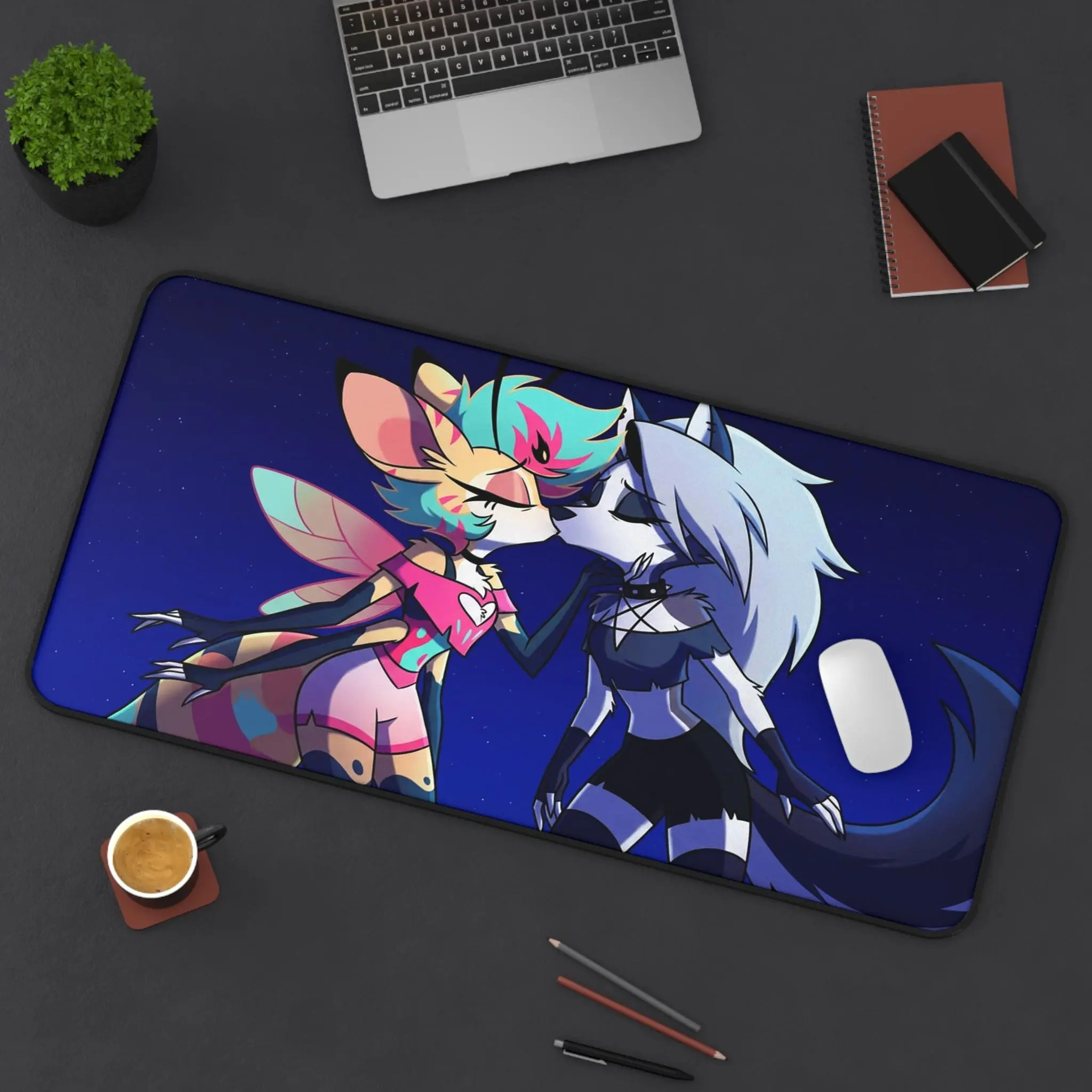 Loona Wolf Girl Desk Mat - Helluva Boss Inspired Gaming Mouse Pad - Aesthetic Dark Theme Desk Decor - Anti-Fray Stitched Edges Large Keyboard & Mouse Mat