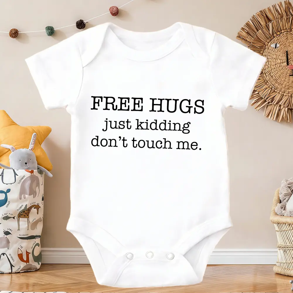 Free Hugs Just Kidding Don't Touch Me Print Baby Bodysuit Casual Short Sleeve Romper | Casual Triangle Style Romper Gender Reveal Newborn Gift newborn baby boy clothes New Born, Baby Shower Gift New Parents Gift