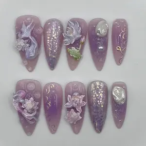 Chic Nail Studio Luxury Mermaid Fantasy Press-On Nails, 3D Lotus & Bubbles, Purple Gradient Custom Press-On Nail, Vacation Beach Party