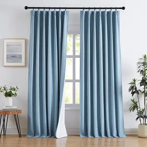 Trained Pinch Pleated Curtains Blue 84 Inch Length Flax Linen Full Blackout Curtains for Living Room, 2 Layers Thermal Insulated Drapes for Bedroom with Back Tab 2 Panels 40"W x 84"L