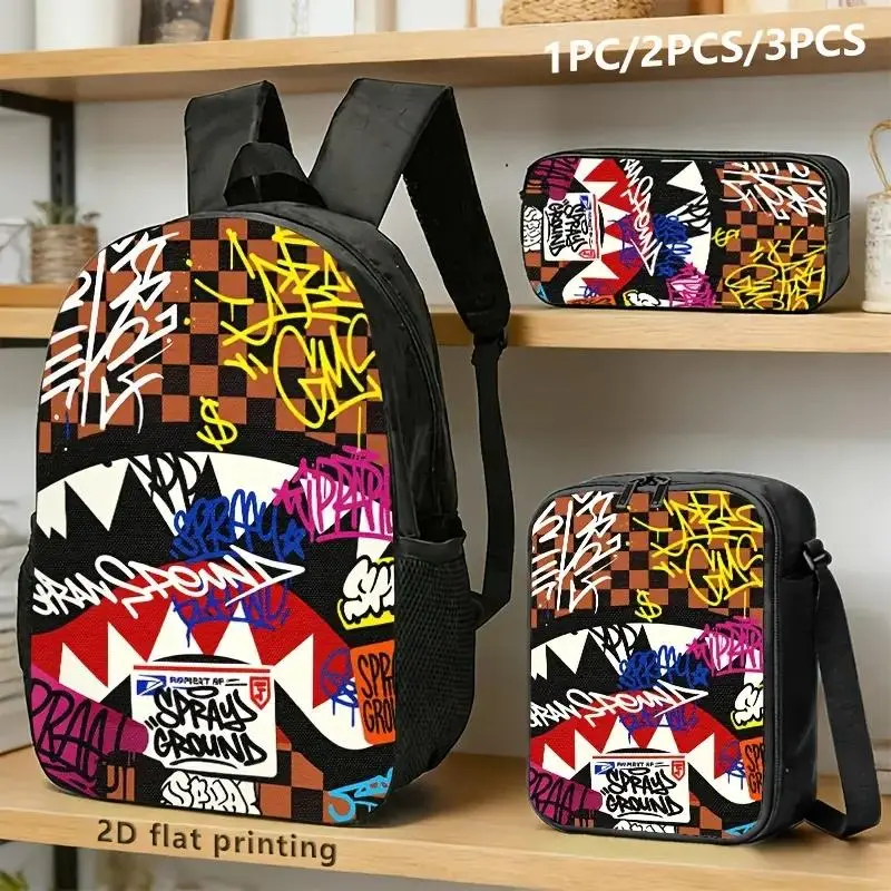 Graffiti Shark Mouth Sprayground Style 3PCS Backpack Set, Durable 600D Oxford Cloth School Bag with Lunch Box & Pencil Case Combo, Adjustable Breathable Strap, Fits 15in Laptop for Kids Teens School Travel Outdoor