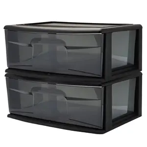 Homz Plastic 1 Drawer Wide Storage Cart, Black Frame with Smoke Drawer, 2 Pack
