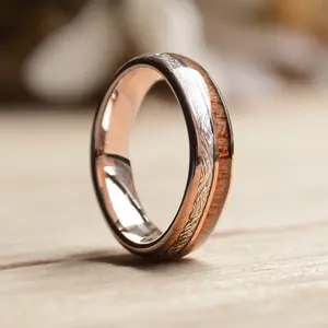 6mm Rose Gold Plated Tungsten Ring With Meteorite And Wood Inlay