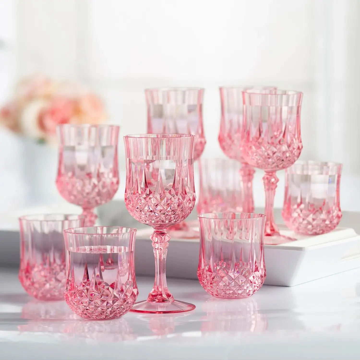 8 oz. Disposable Pink Plastic Goblets Glassware Set - 48-Piece Kit for 24 People, Decorative Drinkware for Kitchen & Party Use