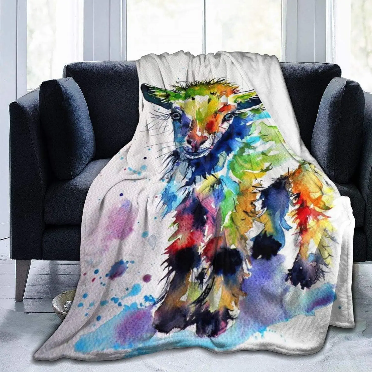 Cute Animal Print Cloud-Like Flannel Goat Throw Blanket, Wrinkle Resistant 40x50 in, Ideal Children's Couch/Sofa Blanket & Goat-Themed Birthday Gift