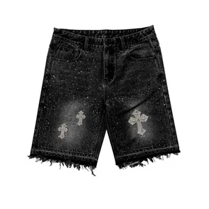 Vintage Cross Rhinestone Denim Shorts Y2K Jeans Mens Womens Harajuku Hip Hop Retro Black Baggy Gym Shorts Low Waist Shorts