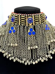 Women's Afghani Vintage 2-Piece Kuchi Jewelry Set - Handmade Red Gold Necklace with Rhinestone Hook Earrings, Traditional Afghan Craftsmanship, Adjustable Tie Closure, Ideal for Female Wedding Wear