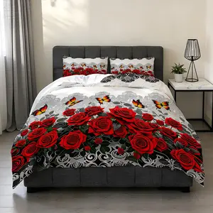 2/3Pcs Rose Butterfly Pattern Duvet Cover Set, Bedroom Bedding Set (1*Duvet Cover+1/2* Pillowcase, No Filling), High-Definition Digital Printing, 100% Polyester Fiber, Perfect Gift, All Year Round