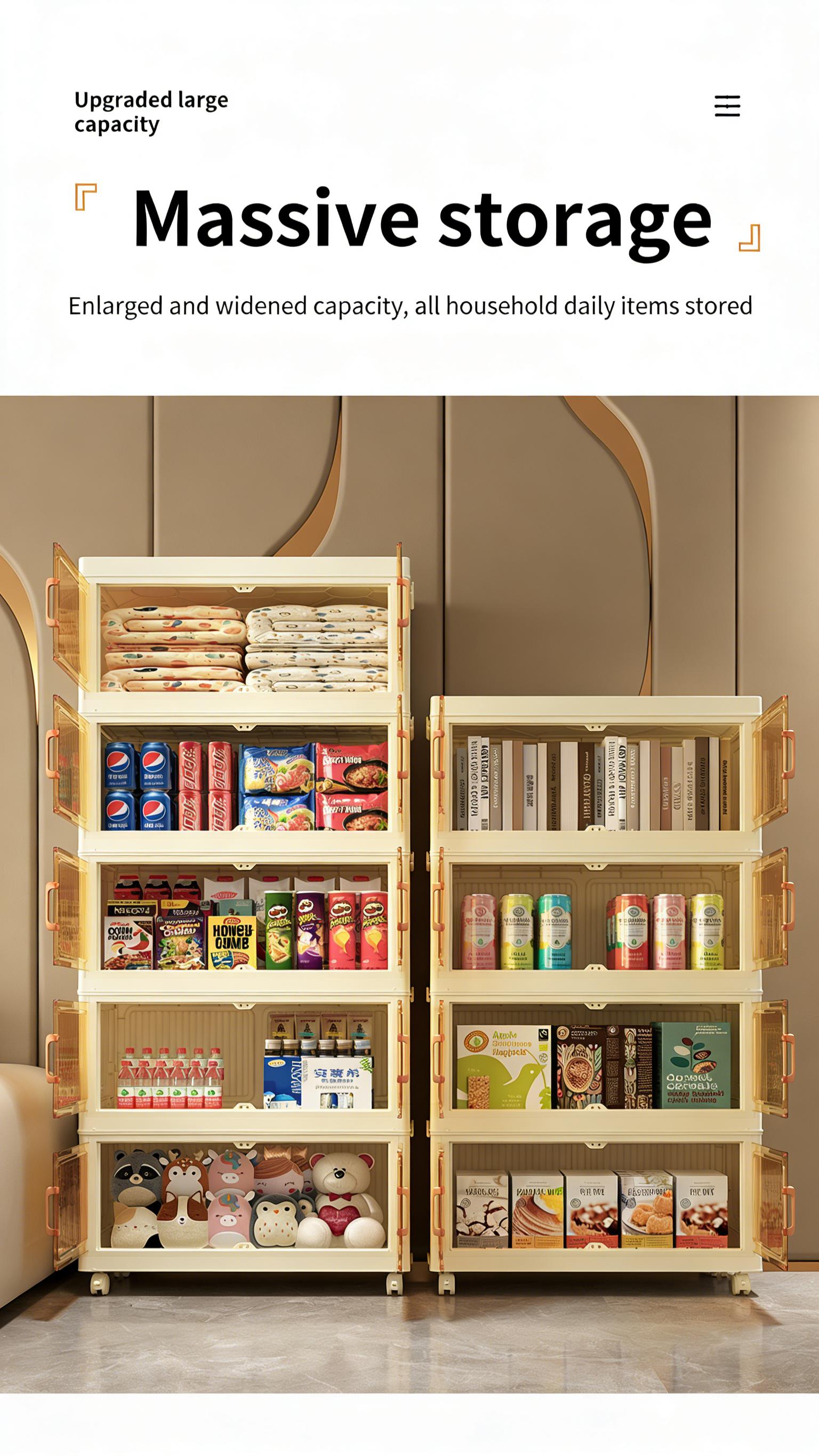 5 Tier Stackable Plastic Storage Bins with Rolling Wheels, Foldable Collapsible Containers for Easy Organizing