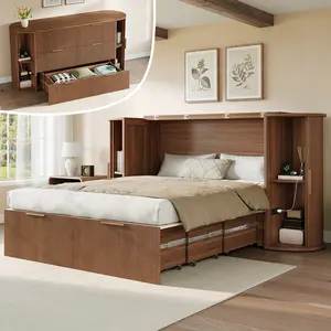 [Ships in 2 Boxes] AMERLIFE Murphy Bed with Storage Bedside Table & Sliding Tambour Door, Modern Cabinet Bed with Charging Station & Curved Fluted Design for Bedroom/Guest/Home Office