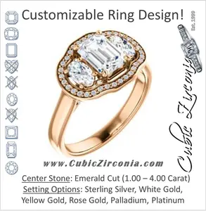 Cubic Zirconia Engagement Ring- The Nettie (Customizable Enhanced 3-stone Halo-Surrounded Design with Emerald Cut Center, Dual Oval Cut Accents, and Decorative Pavé-Accented Trellis)