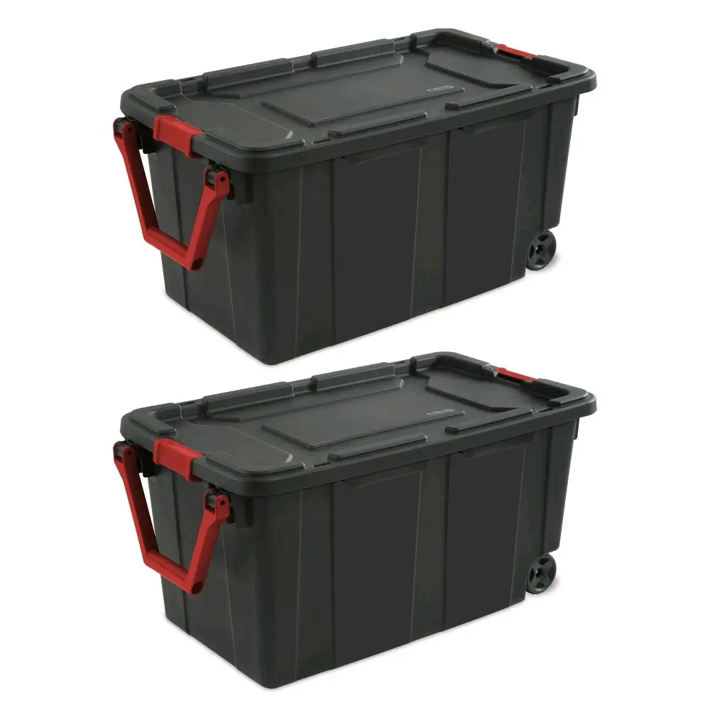 40 Gallon Wheeled Industrial Tote Stackable Storage Bin with Latch Lid Plastic Container with Heavy Duty Latches 2-Pack
